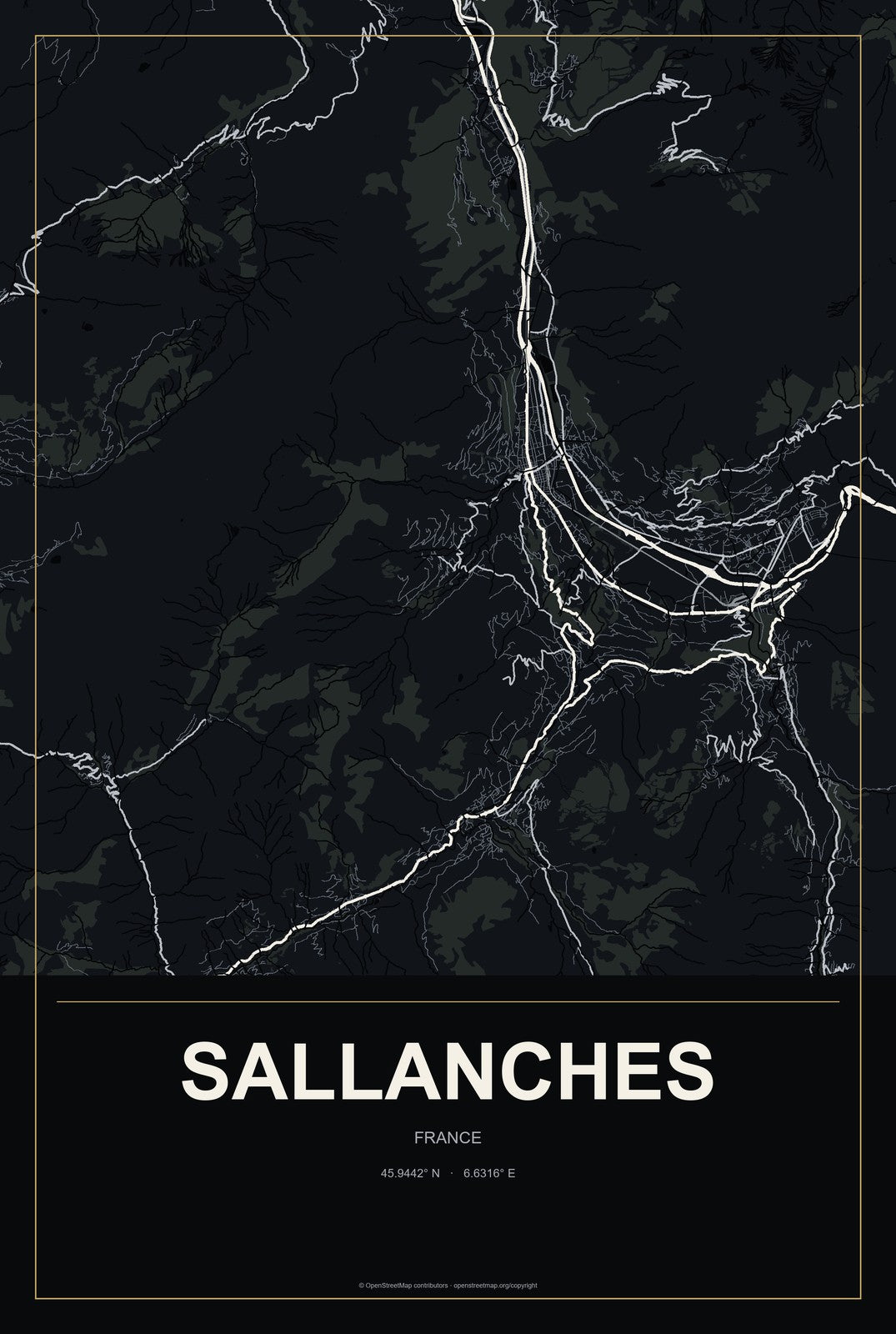 Sallanches, France City Map Aluminum Sign in Metropolitan Noir style