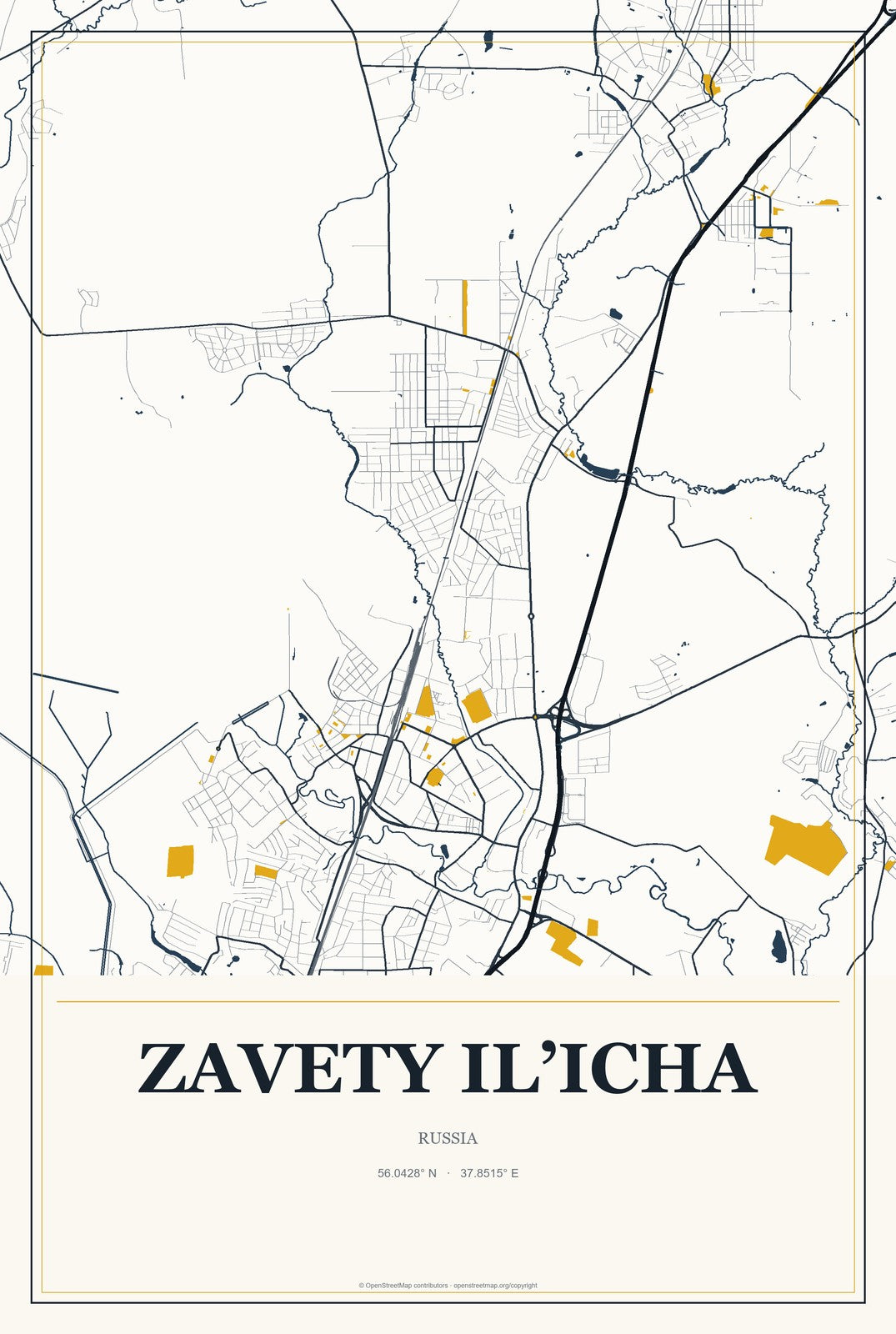Zavety Il’icha, Russia City Map Aluminum Sign in Citrine Modern style