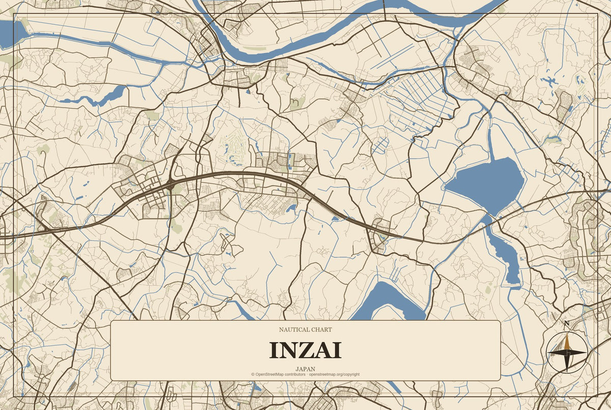 Inzai, Japan City Map Aluminum Sign in Heritage Nautical style