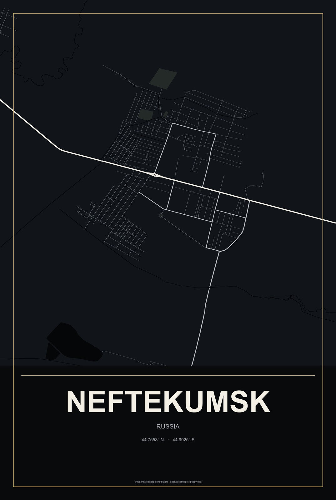 Neftekumsk, Russia City Map Aluminum Sign in Metropolitan Noir style