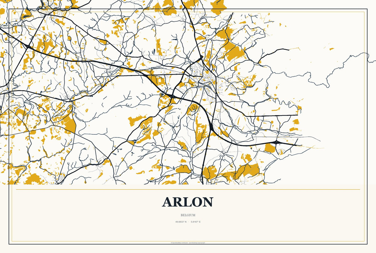 Arlon, Belgium City Map Aluminum Sign in Citrine Modern style