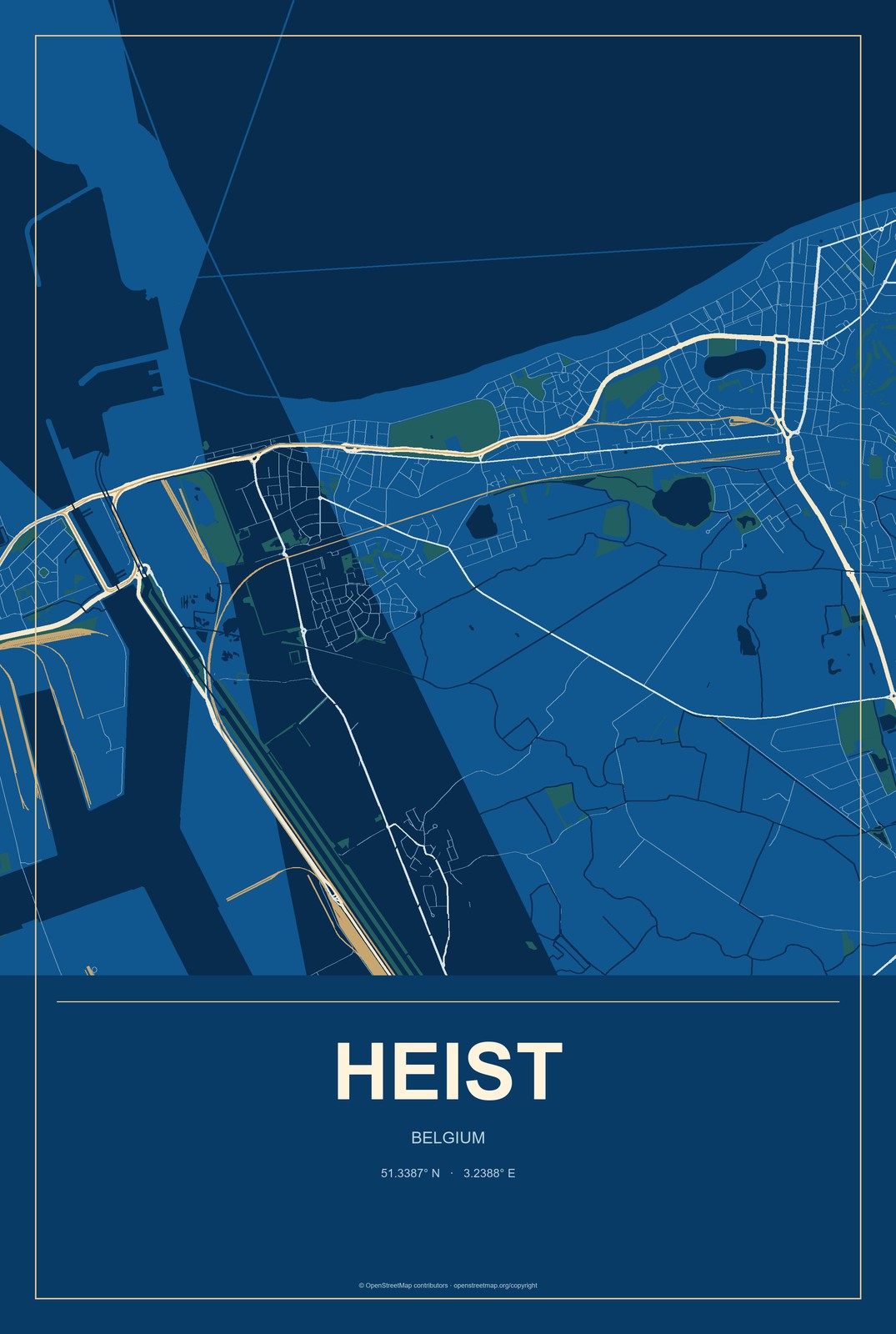 Heist, Belgium City Map Aluminum Sign in Harbor Cobalt style