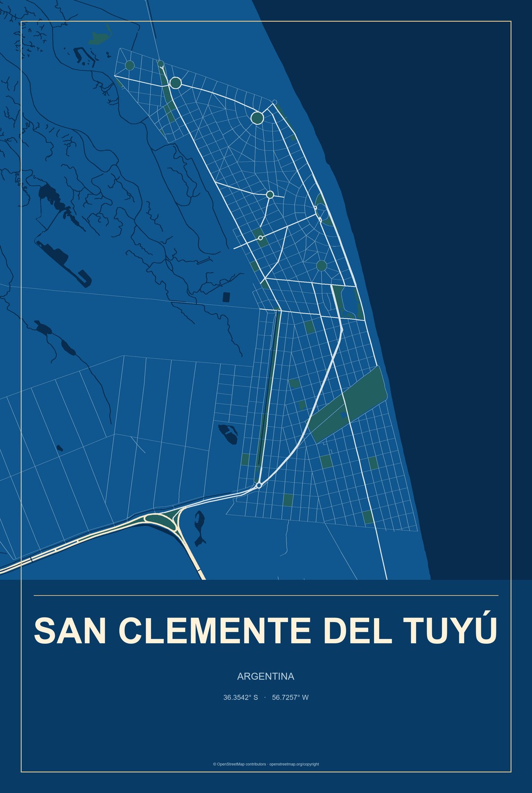 San Clemente del Tuyú, Argentina City Map Aluminum Sign in Harbor Cobalt style