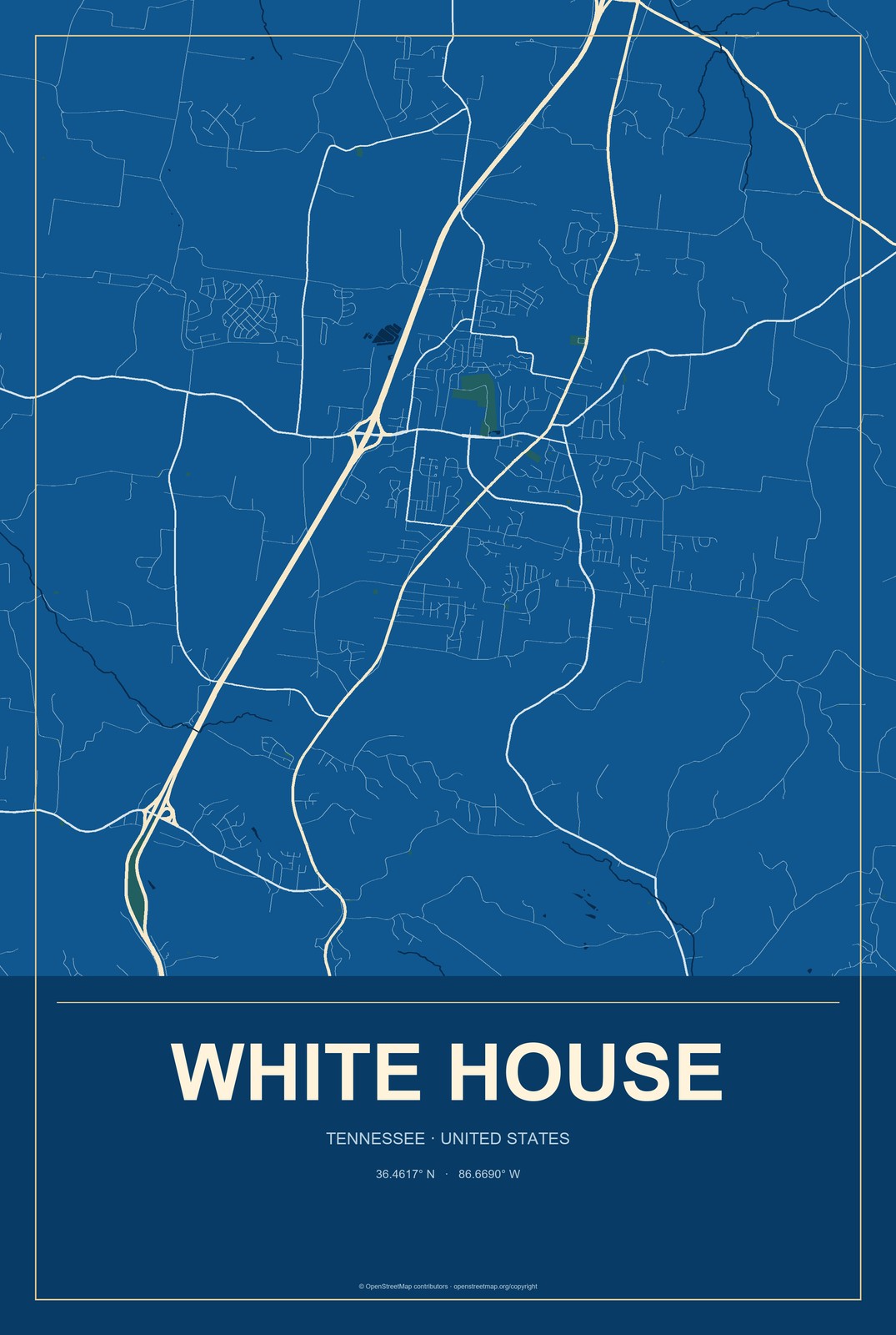 White House, Tennessee City Map Aluminum Sign in Harbor Cobalt style