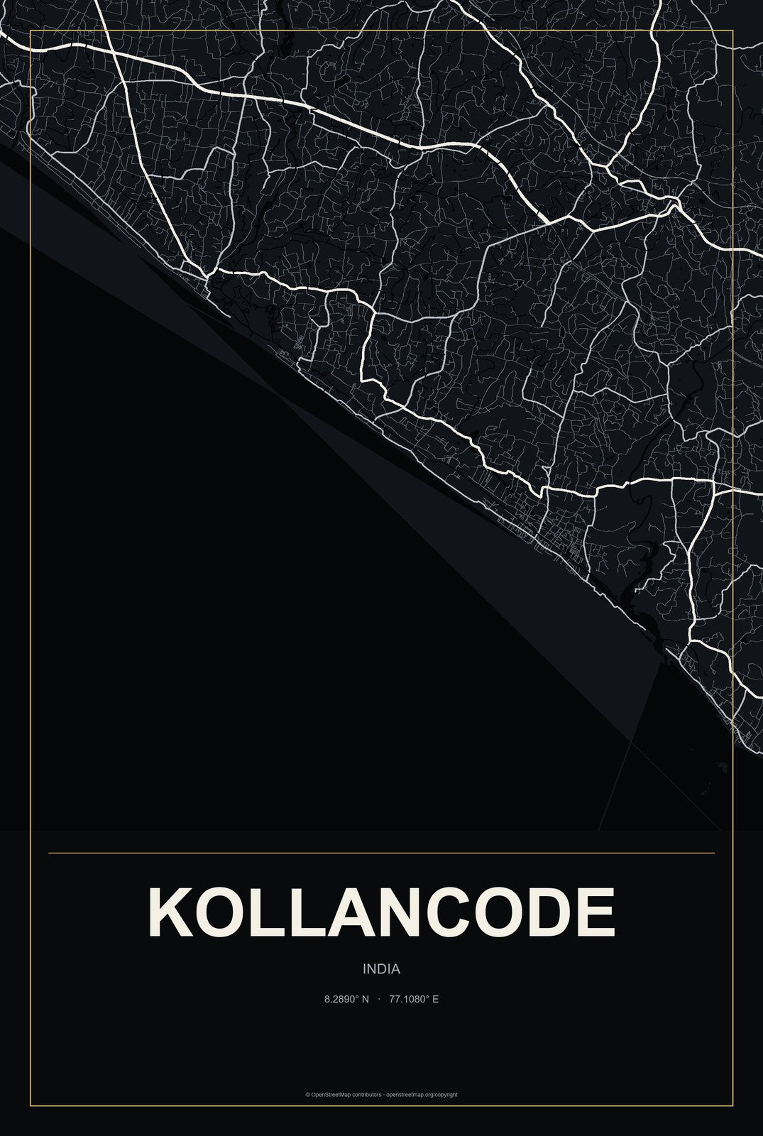 Kollancode, India City Map Aluminum Sign in Metropolitan Noir style