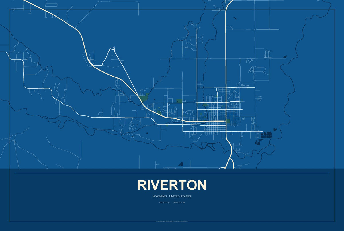 Riverton, Wyoming City Map Aluminum Sign in Harbor Cobalt style