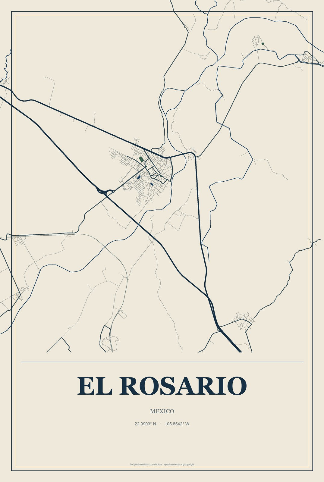 El Rosario, Oaxaca, Mexico City Map Aluminum Sign in Coastal Cutout style