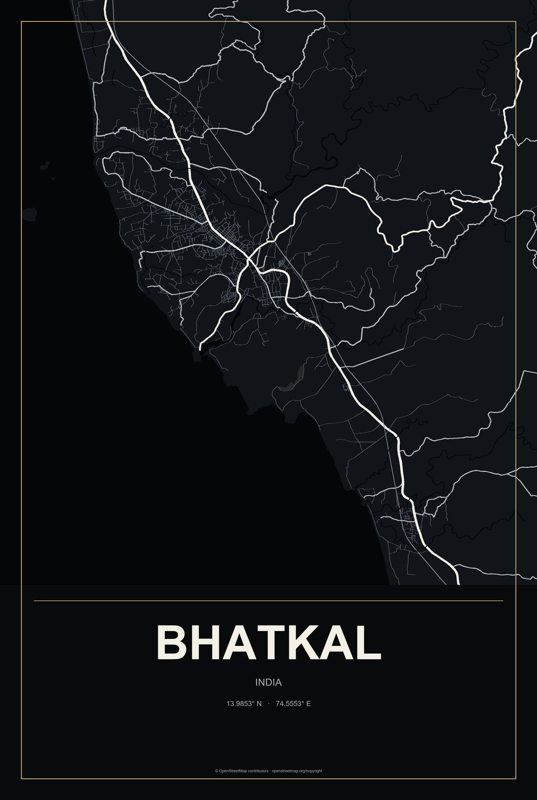 Bhatkal, India City Map Aluminum Sign in Metropolitan Noir style