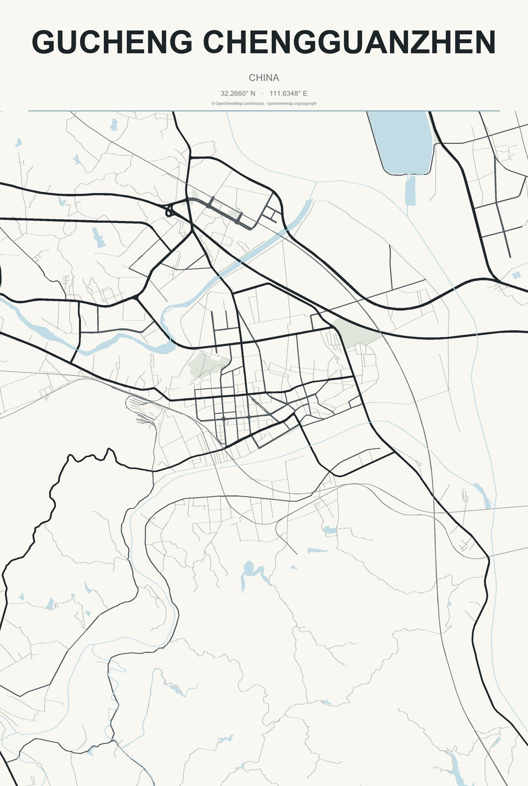 Gucheng Chengguanzhen, China City Map Aluminum Sign in Headline Atlas style