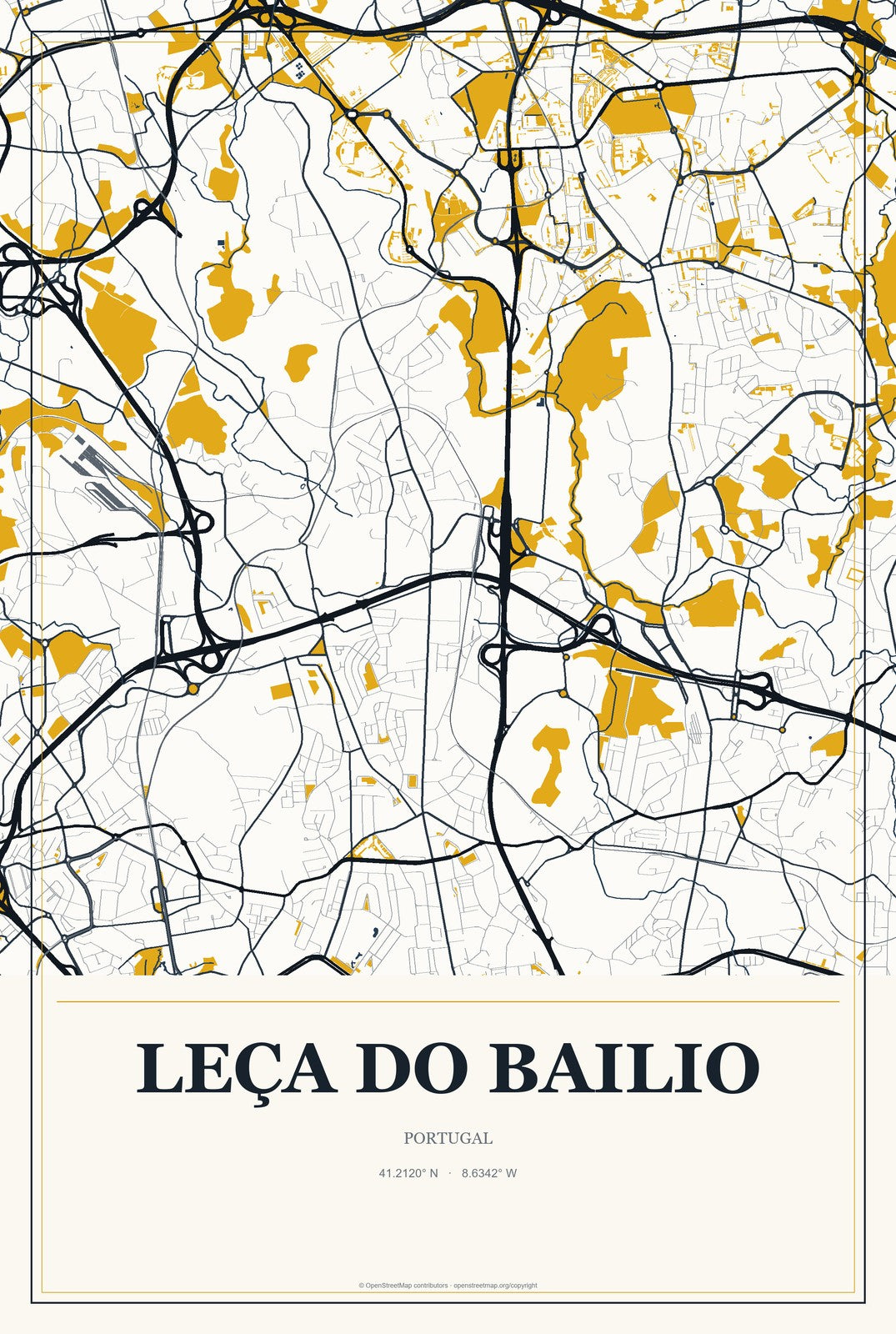 Leça do Bailio, Portugal City Map Aluminum Sign in Citrine Modern style