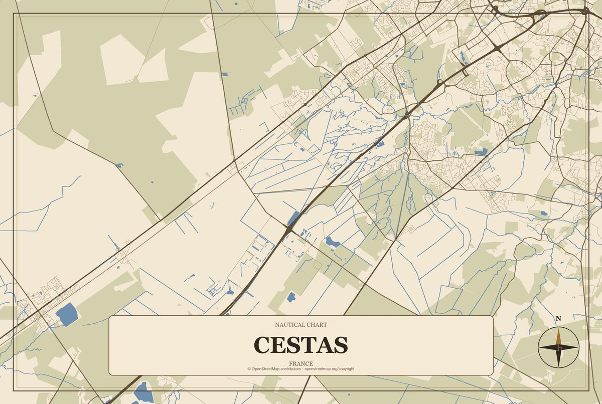 Cestas, France City Map Aluminum Sign in Heritage Nautical style
