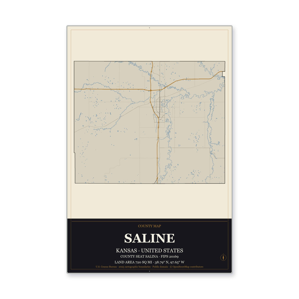 Saline County, Kansas Map Aluminum Sign in Museum Plaque style