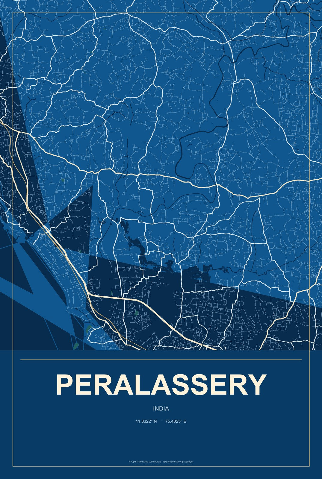 Peralassery, India City Map Aluminum Sign in Harbor Cobalt style