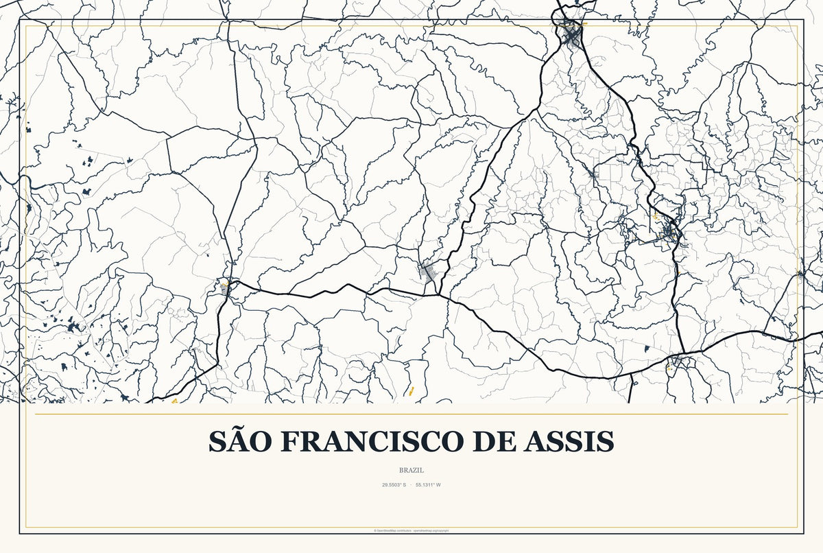 São Francisco de Assis, Brazil City Map Aluminum Sign in Citrine Modern style