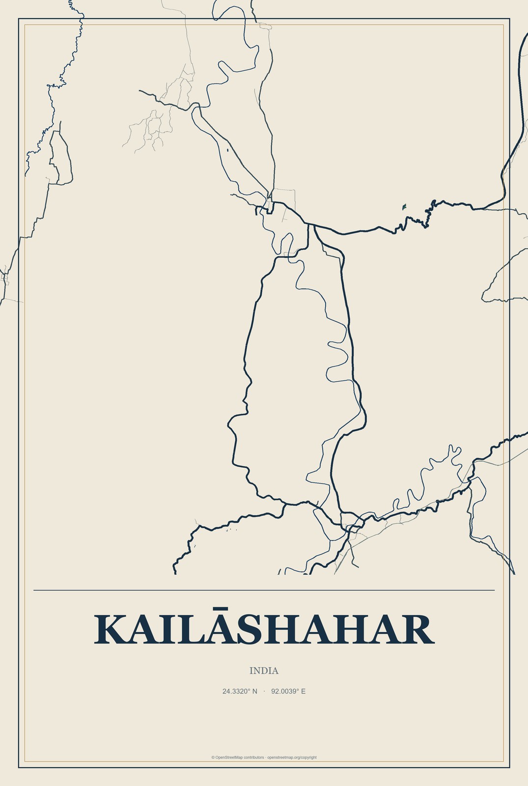 Kailāshahar, India City Map Aluminum Sign in Coastal Cutout style