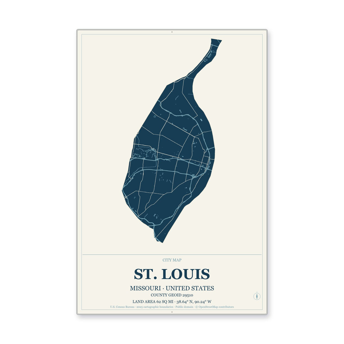 St. Louis city, Missouri Map Aluminum Sign in Coastal Cutout style