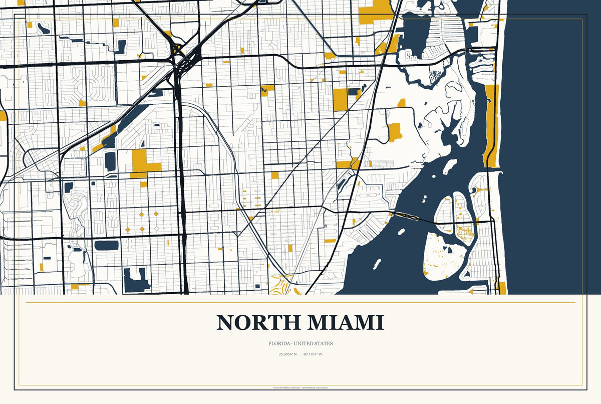 North Miami, Florida City Map Aluminum Sign in Citrine Modern style