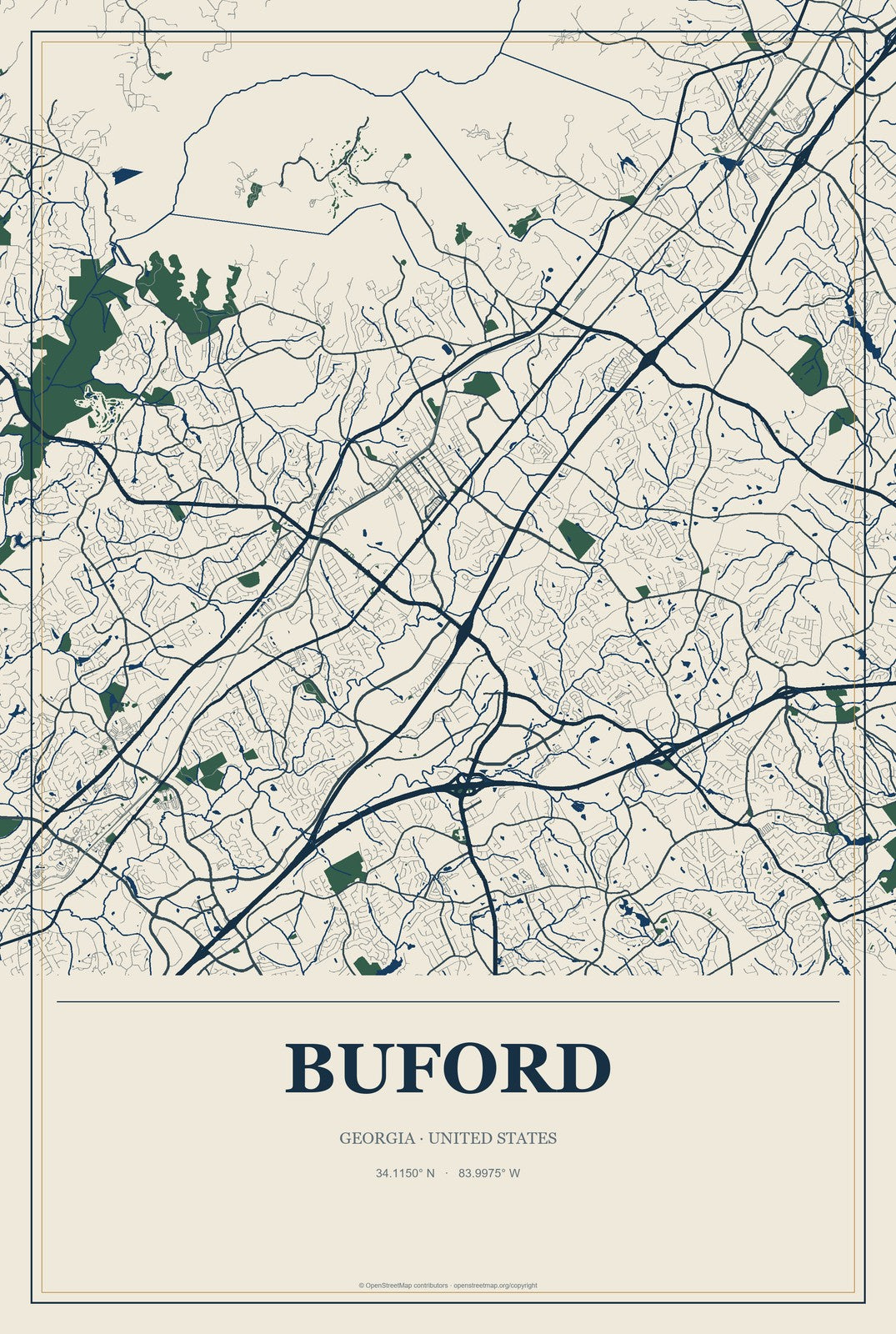 Buford, Georgia City Map Aluminum Sign in Coastal Cutout style
