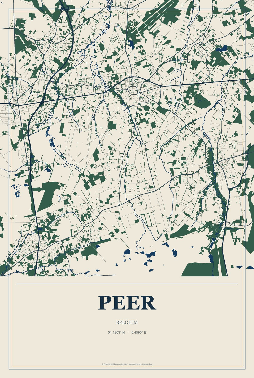 Peer, Belgium City Map Aluminum Sign in Coastal Cutout style