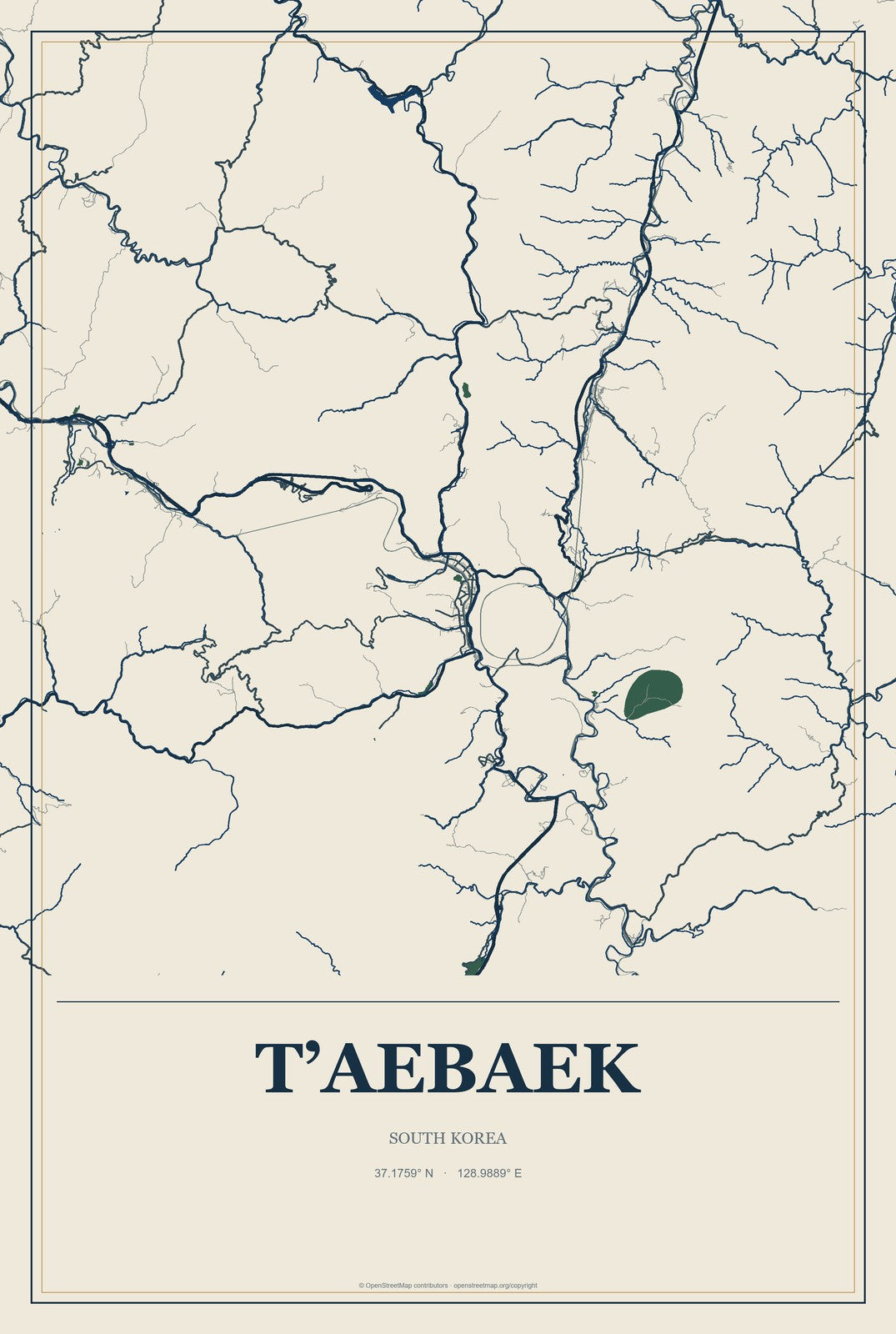 T’aebaek, South Korea City Map Aluminum Sign in Coastal Cutout style