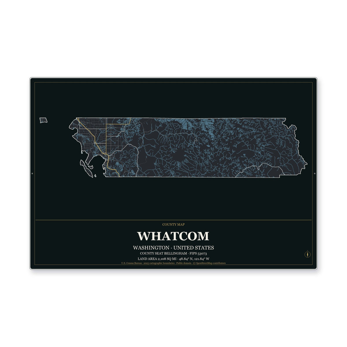 Whatcom County, Washington Map Aluminum Sign in Metropolitan Noir style