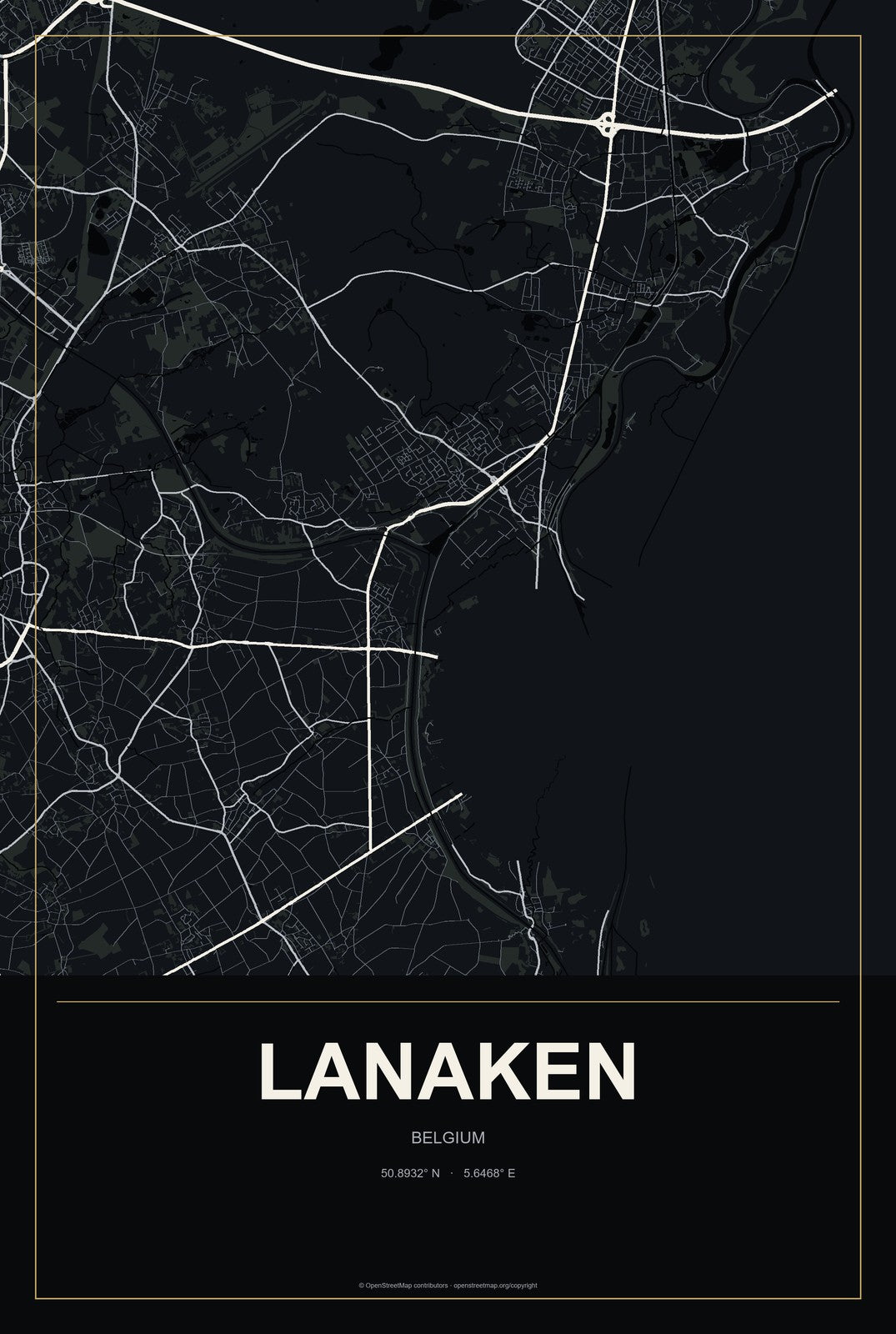 Lanaken, Belgium City Map Aluminum Sign in Metropolitan Noir style