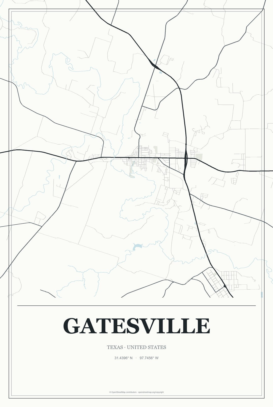 Gatesville, Texas City Map Aluminum Sign in Gallery Air style