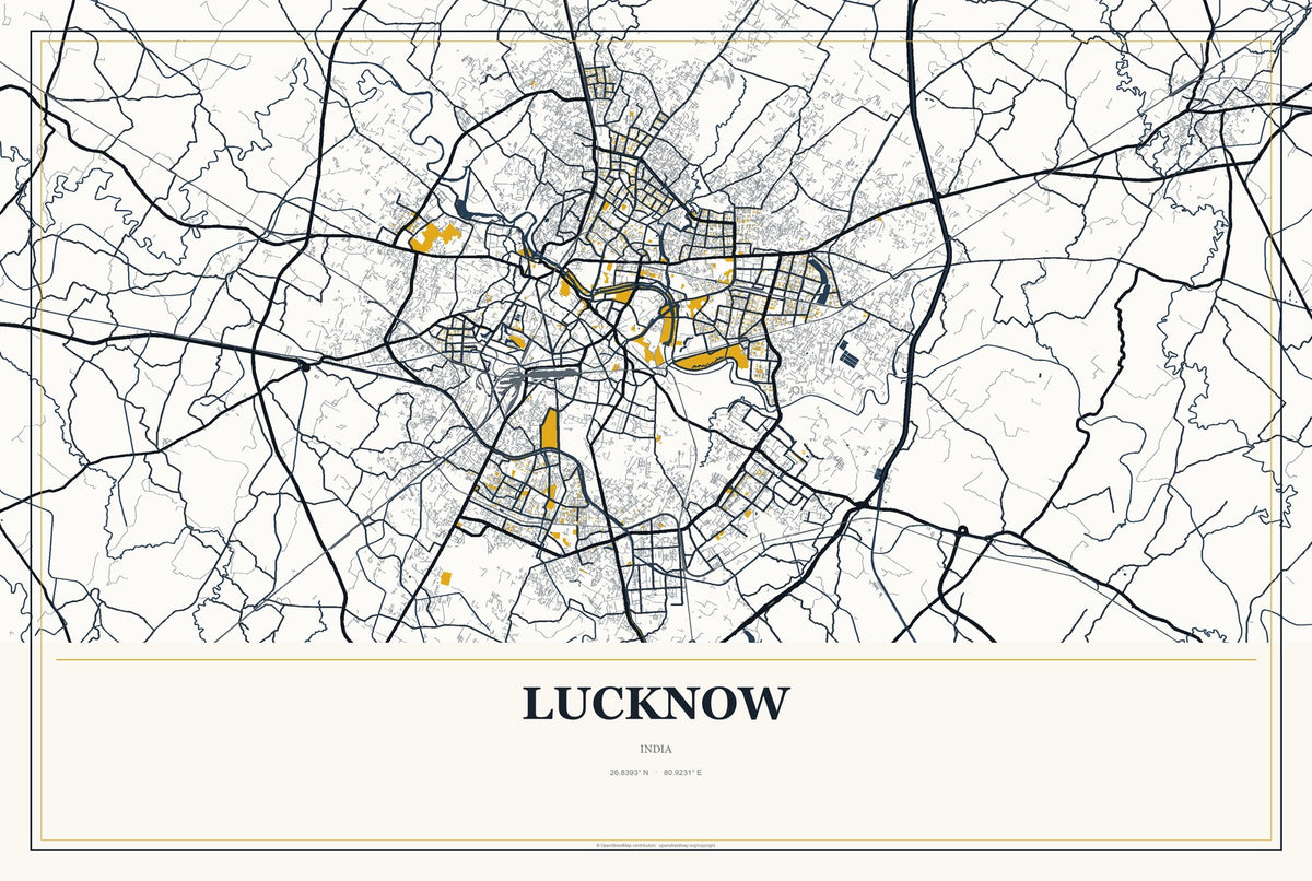 Lucknow, India City Map Aluminum Sign in Citrine Modern style
