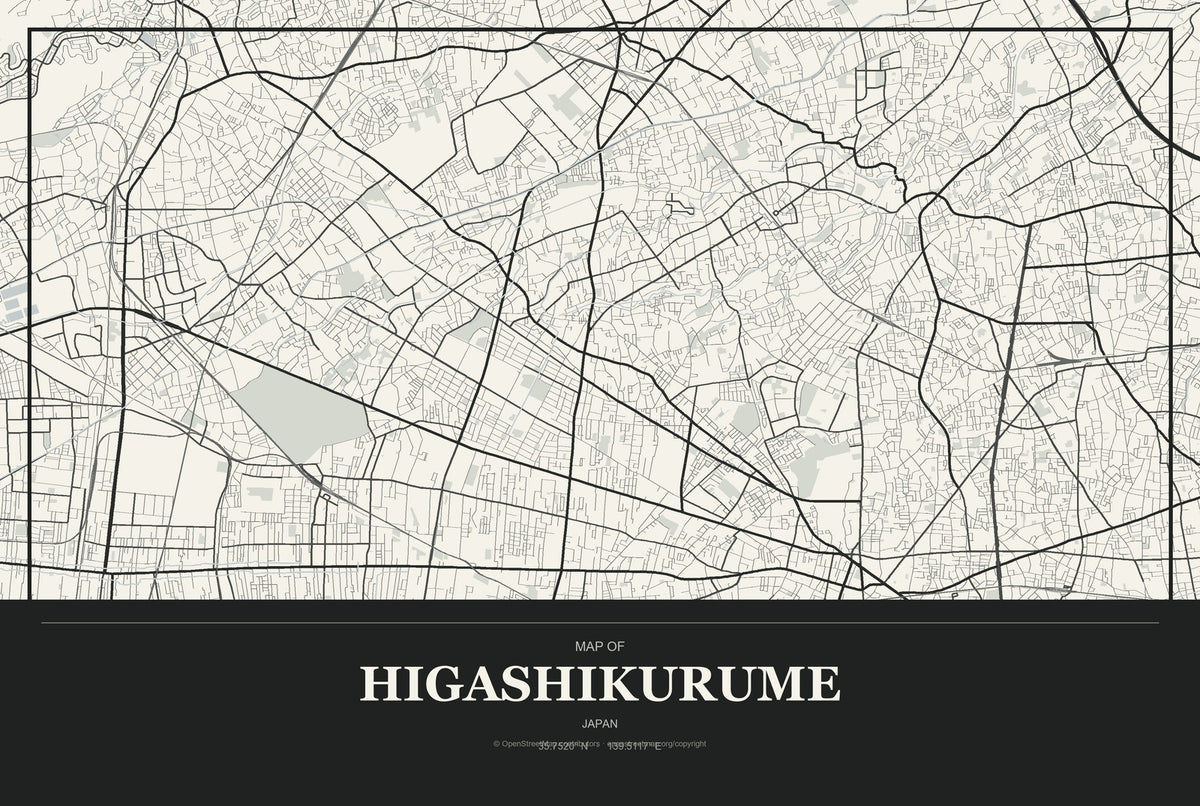 Higashikurume, Japan City Map Aluminum Sign in Museum Plaque style