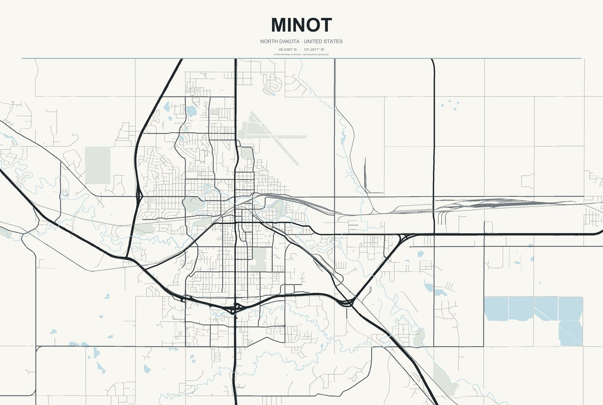Minot, North Dakota City Map Aluminum Sign in Headline Atlas style