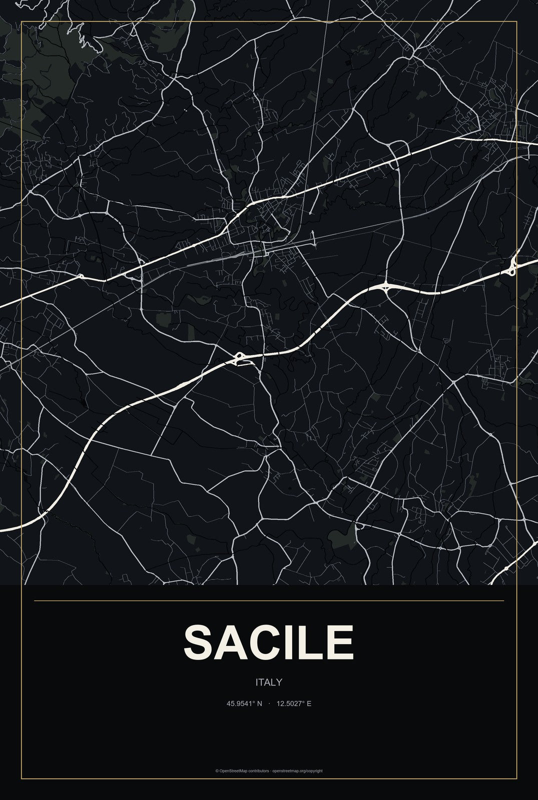 Sacile, Italy City Map Aluminum Sign in Metropolitan Noir style