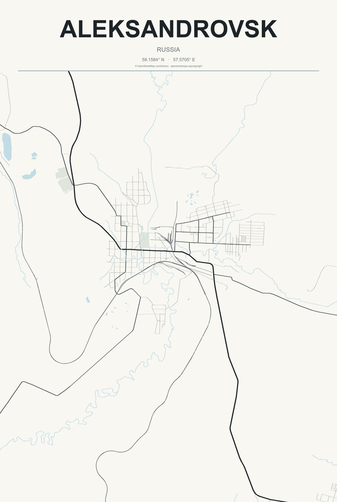 Aleksandrovsk, Russia City Map Aluminum Sign in Headline Atlas style