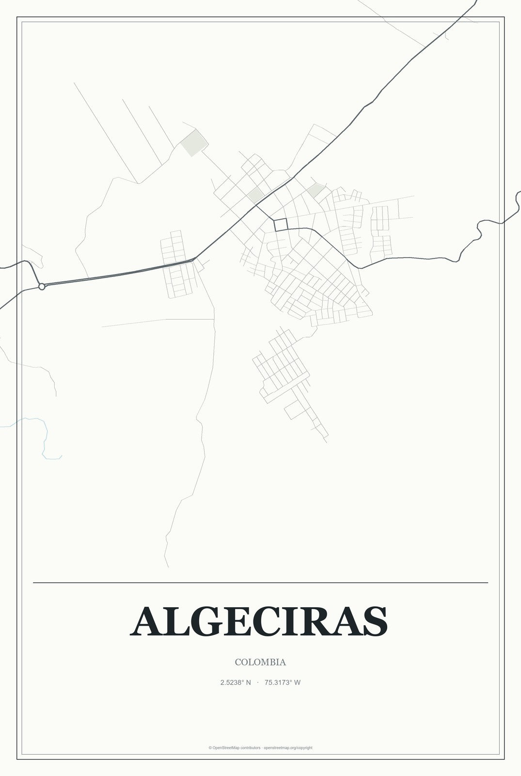 Algeciras, Colombia City Map Aluminum Sign in Gallery Air style