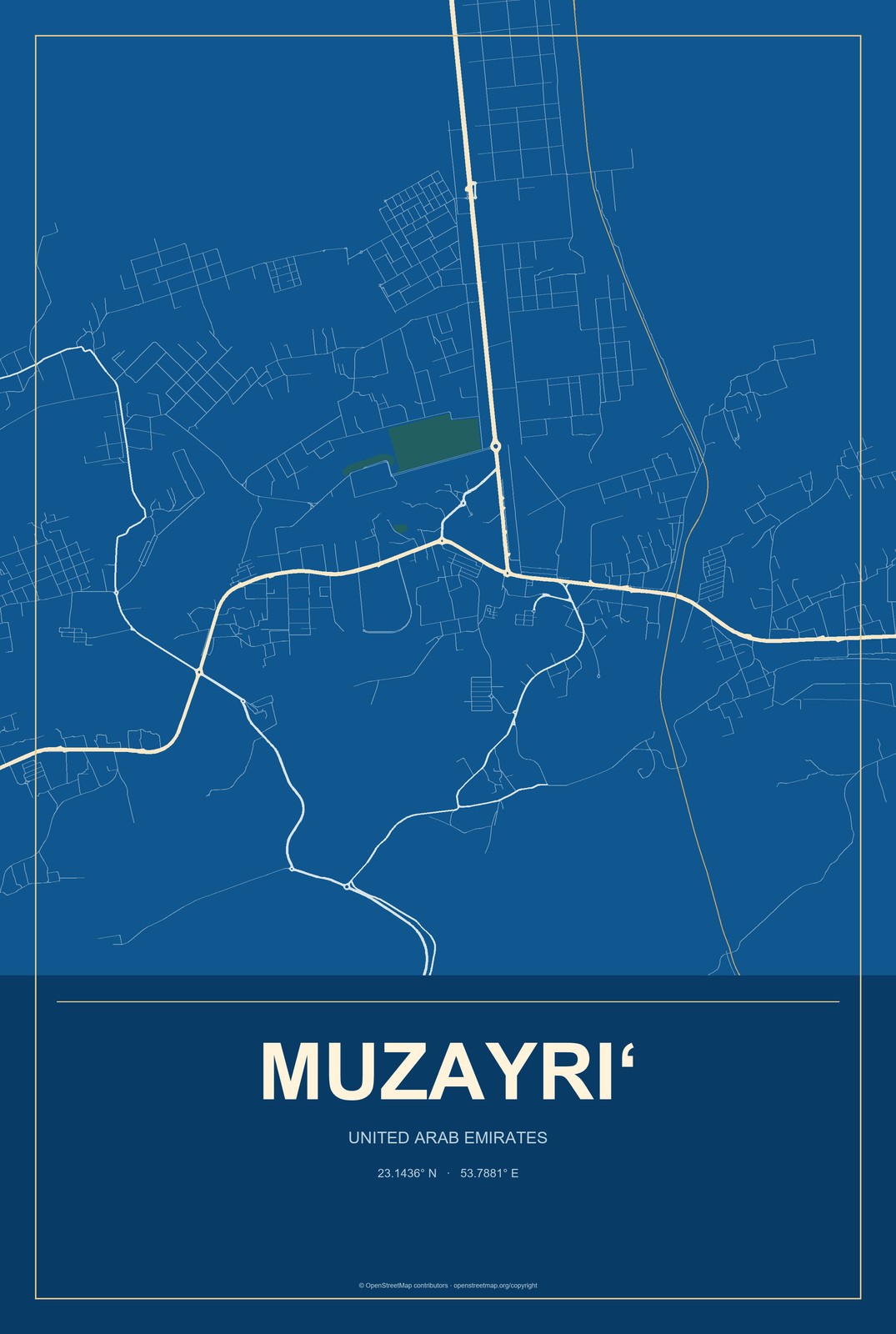 Muzayri‘, United Arab Emirates City Map Aluminum Sign in Harbor Cobalt style