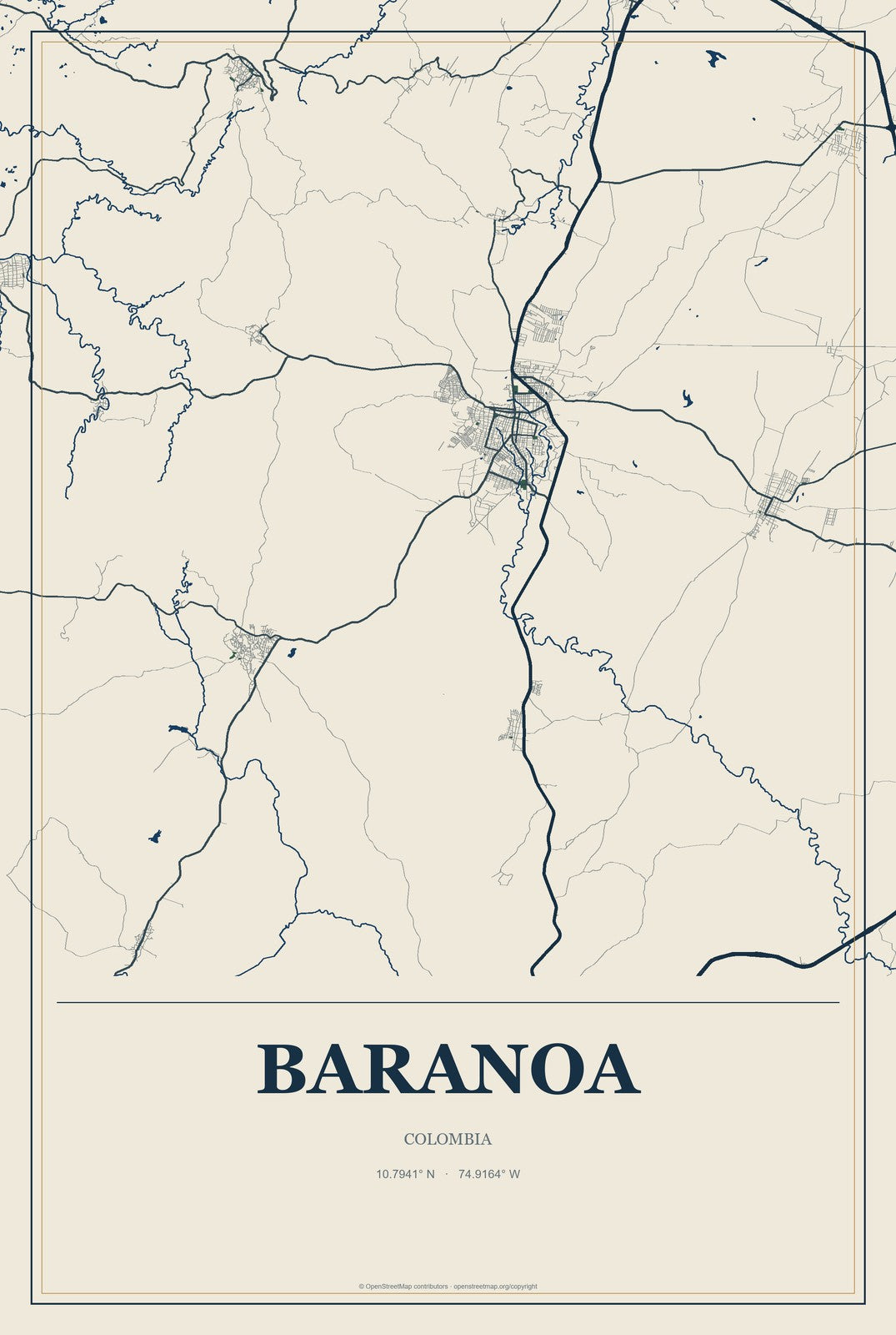 Baranoa, Colombia City Map Aluminum Sign in Coastal Cutout style