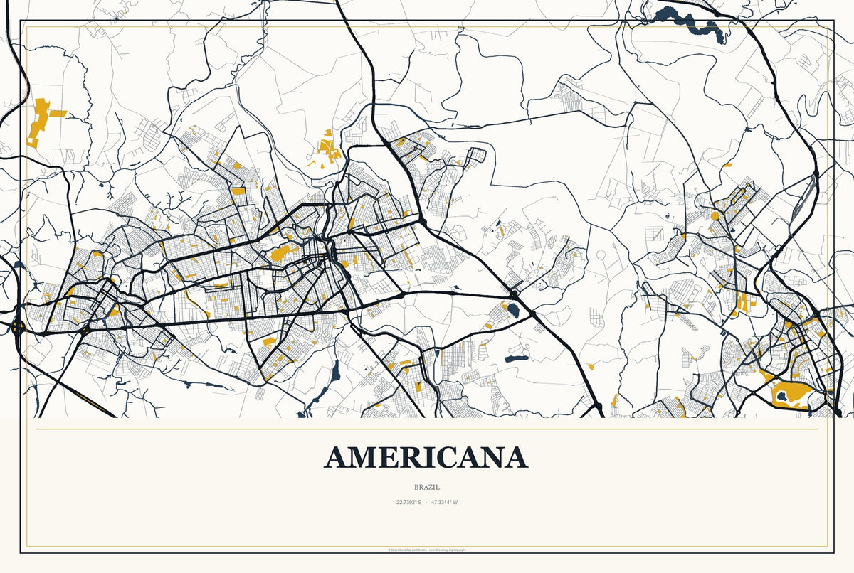 Americana, Brazil City Map Aluminum Sign in Citrine Modern style