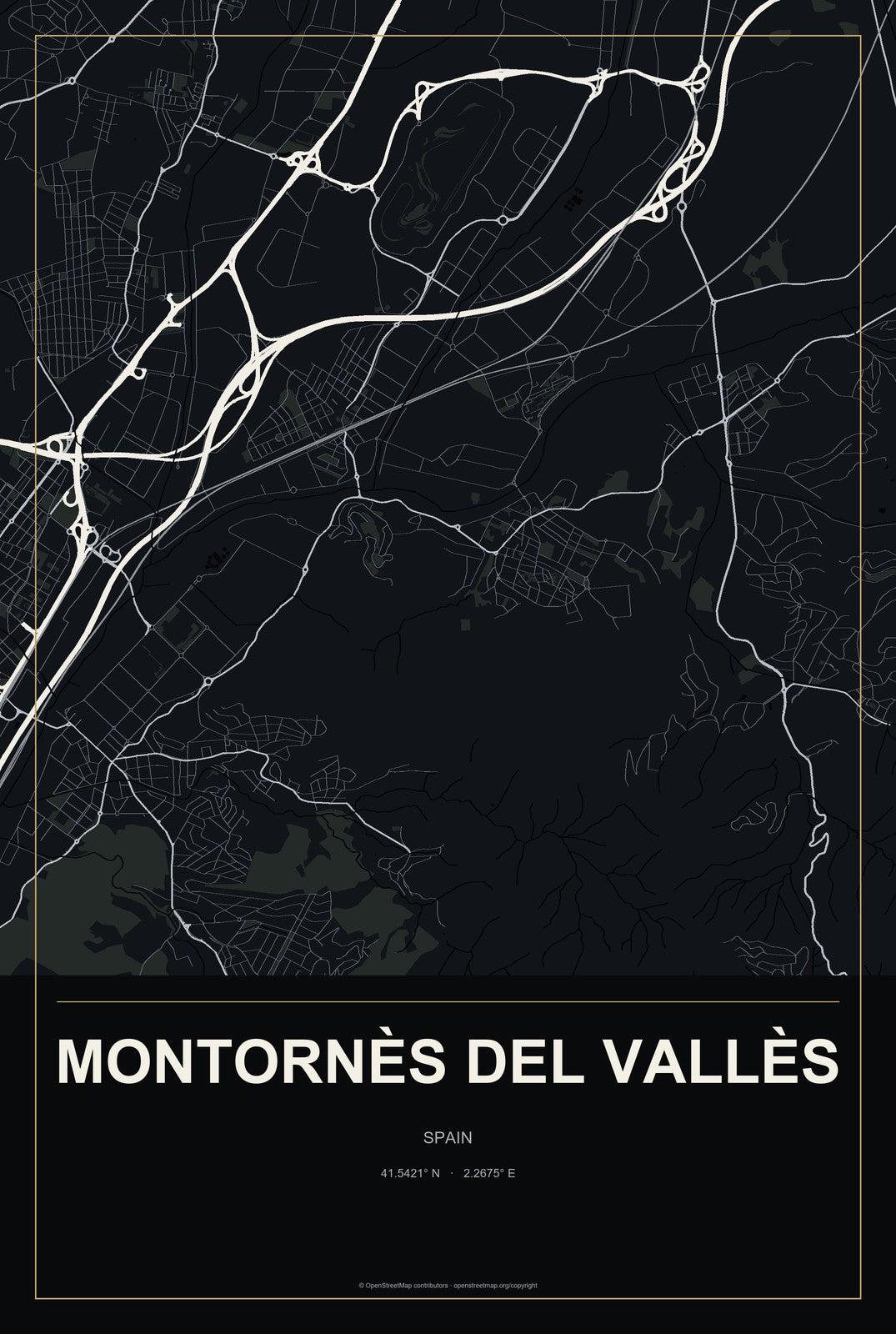 Montornès del Vallès, Spain City Map Aluminum Sign in Metropolitan Noir style