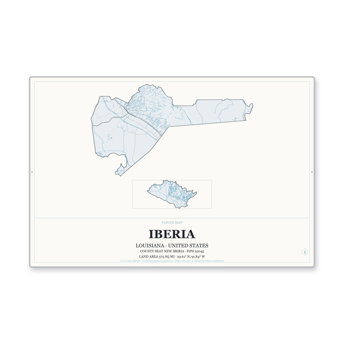 Iberia Parish, Louisiana Map Aluminum Sign in Gallery Air style