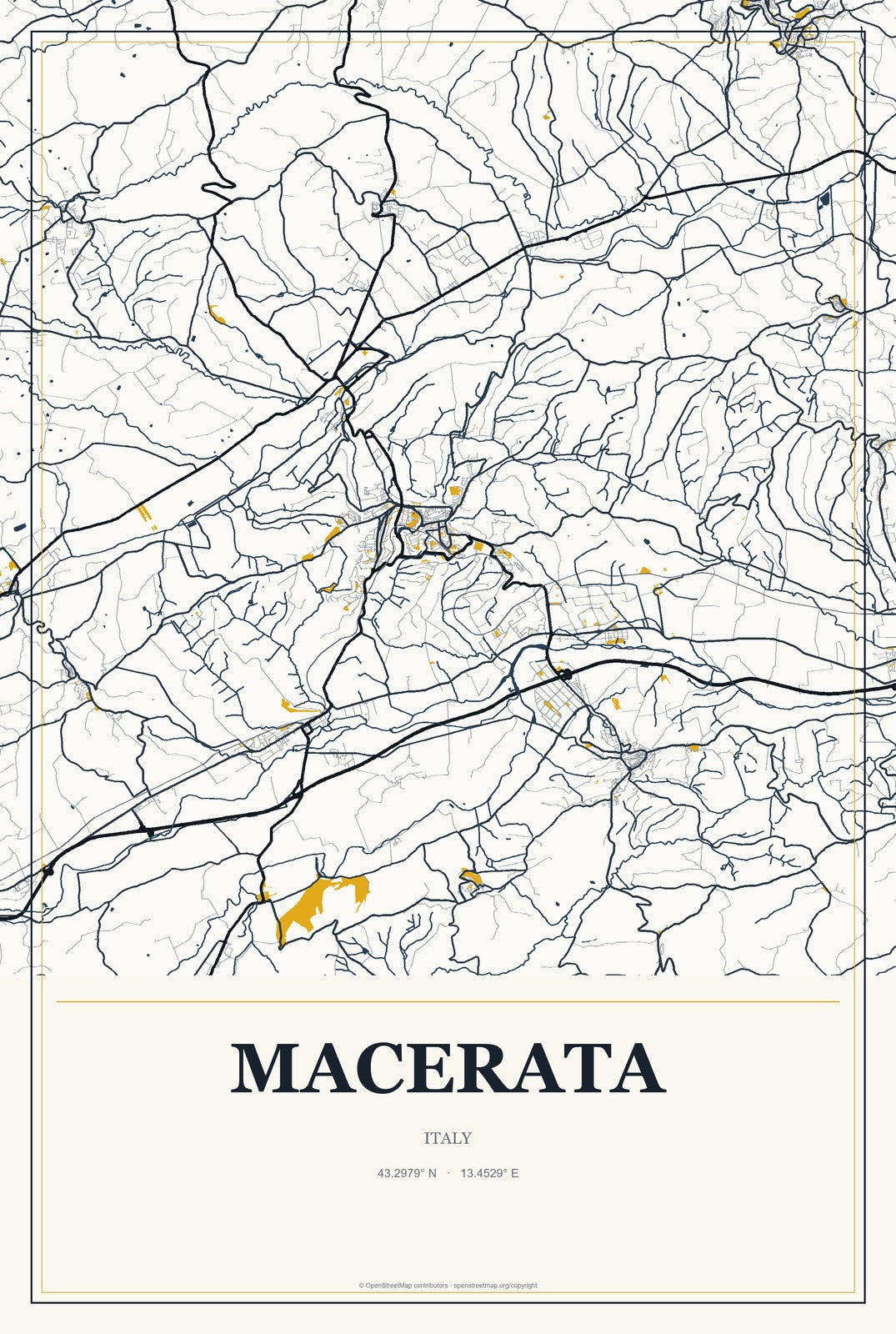 Macerata, Italy City Map Aluminum Sign in Citrine Modern style