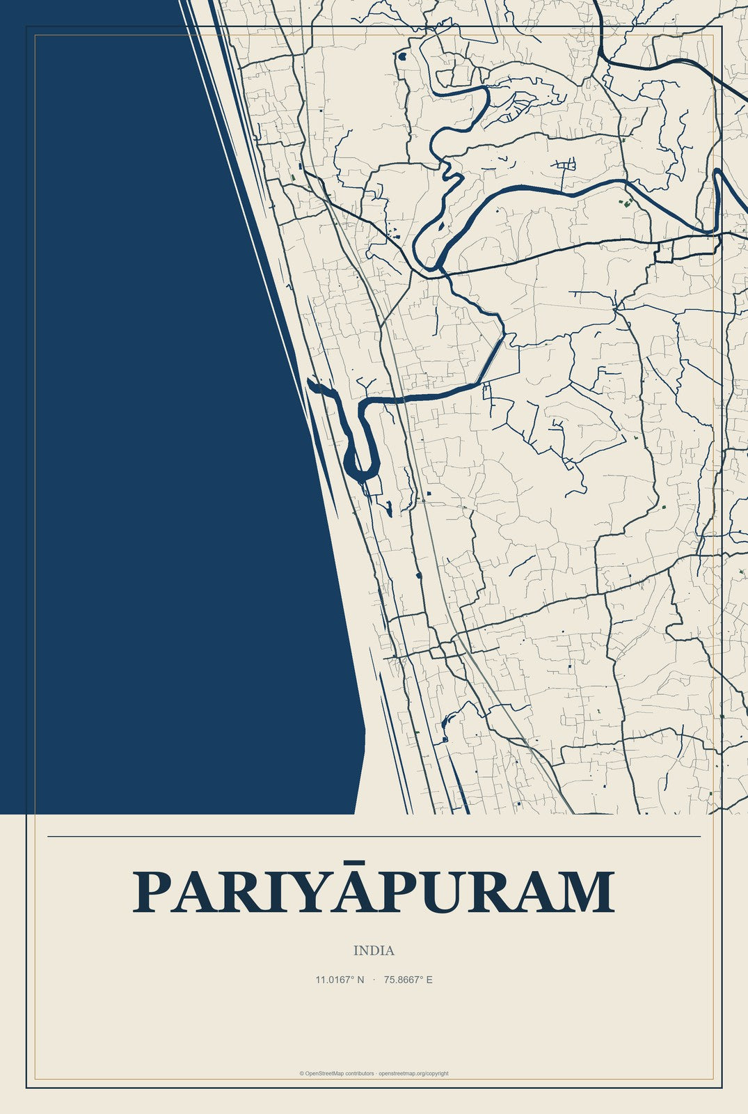 Pariyāpuram, India City Map Aluminum Sign in Coastal Cutout style