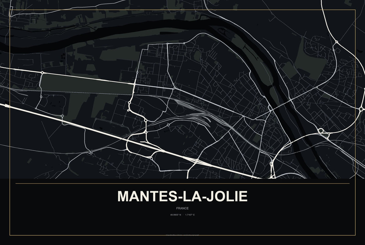 Mantes-la-Jolie, France City Map Aluminum Sign in Metropolitan Noir style