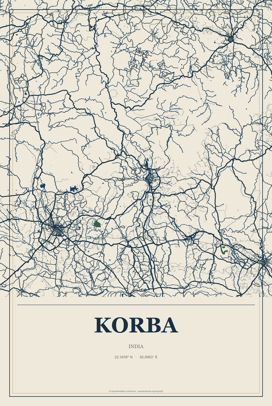 Korba, India City Map Aluminum Sign in Coastal Cutout style