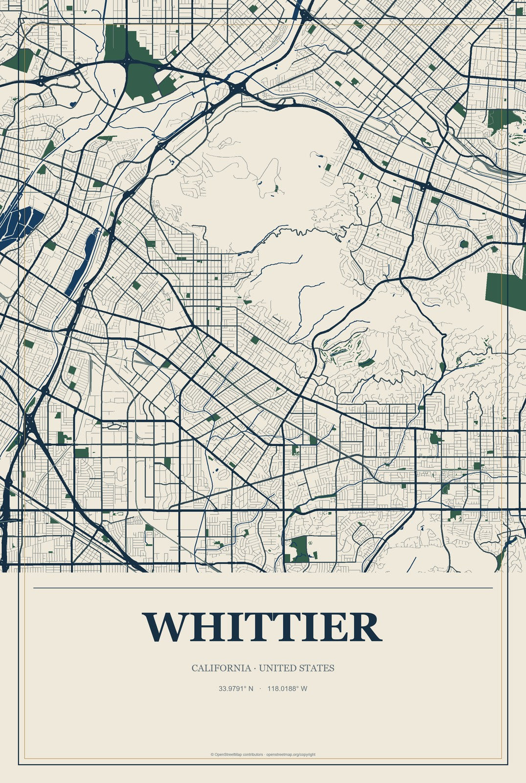 Whittier, California City Map Aluminum Sign in Coastal Cutout style