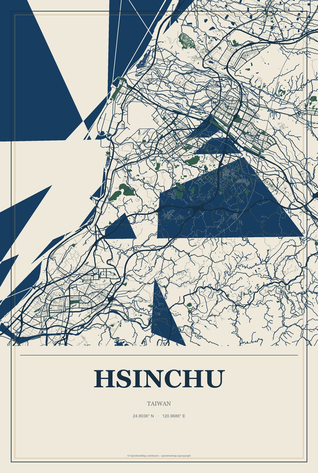 Hsinchu, Taiwan City Map Aluminum Sign in Coastal Cutout style