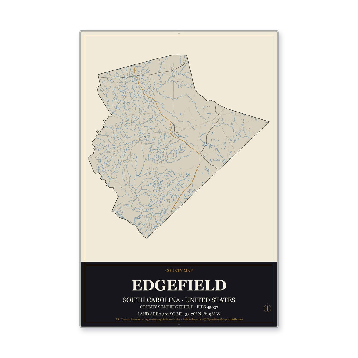 Edgefield County, South Carolina Map Aluminum Sign in Museum Plaque style
