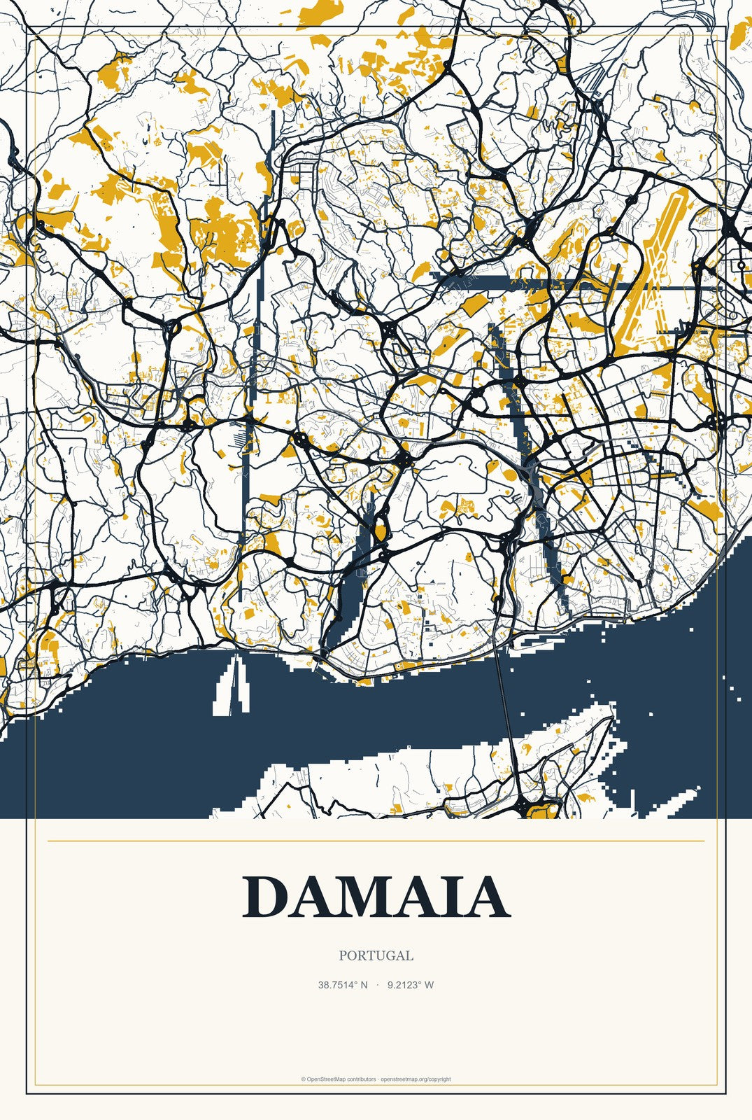 Damaia, Portugal City Map Aluminum Sign in Citrine Modern style