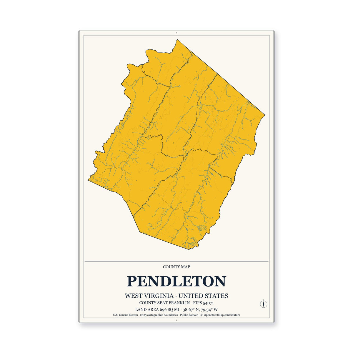 Pendleton County, West Virginia Map Aluminum Sign in Citrine Modern style
