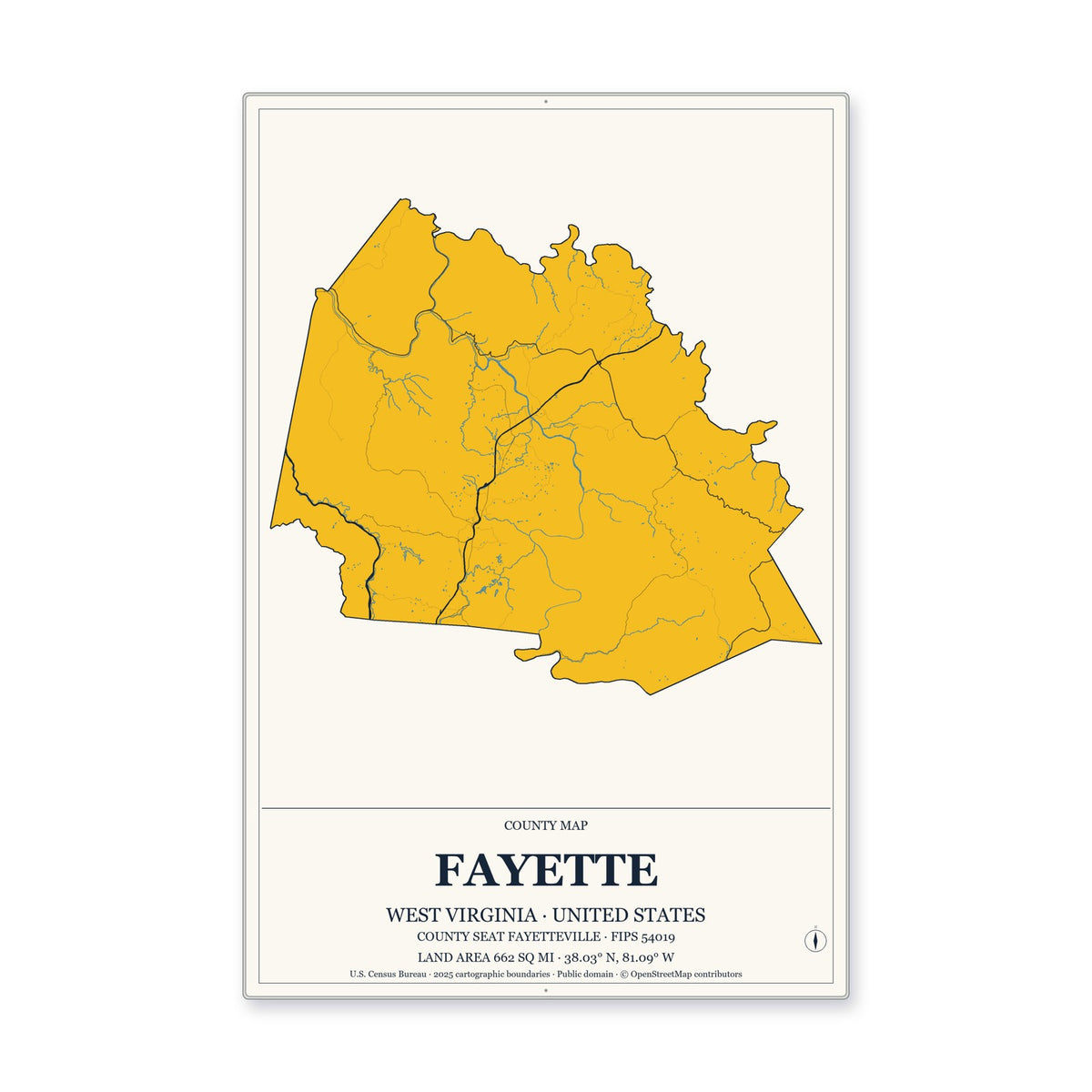 Fayette County, West Virginia Map Aluminum Sign in Citrine Modern style