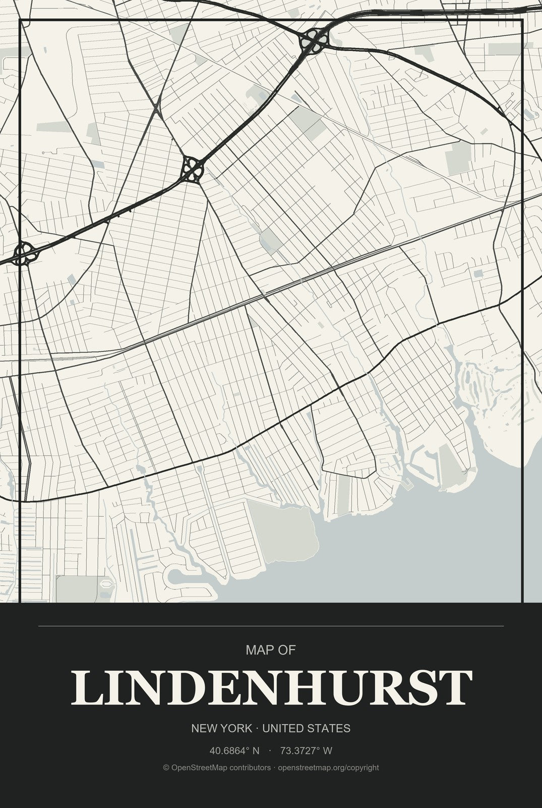 Lindenhurst, New York City Map Aluminum Sign in Museum Plaque style