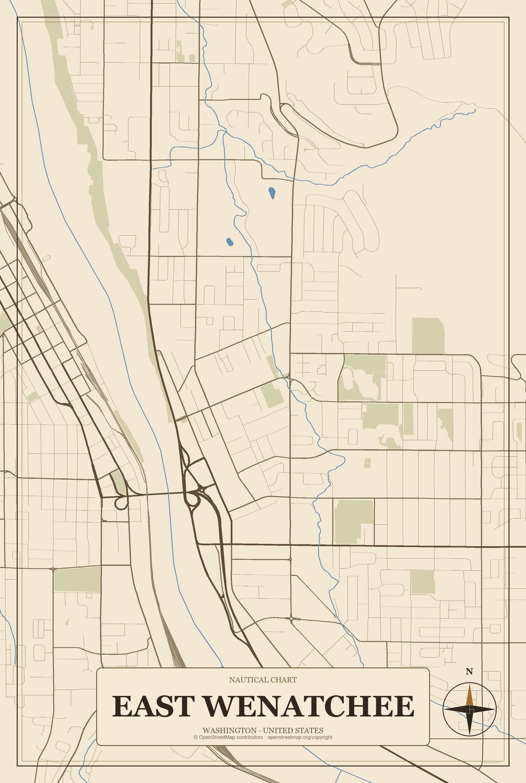 East Wenatchee, Washington City Map Aluminum Sign in Heritage Nautical style